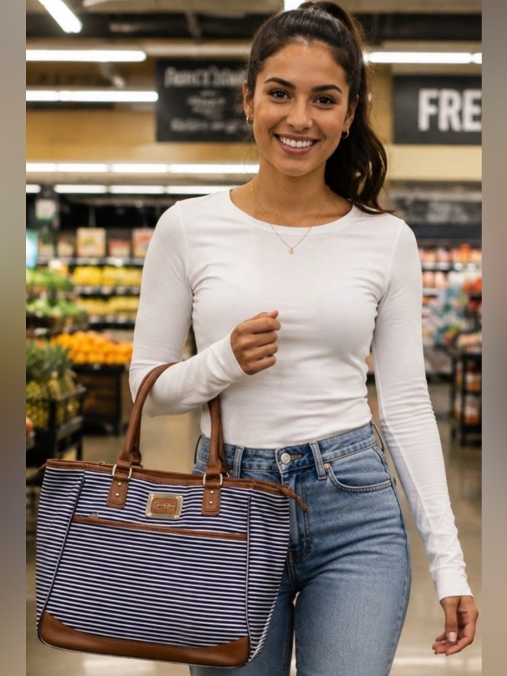 Jessica Simpson Navy & White Striped Tote weekend bag with Brown Trim